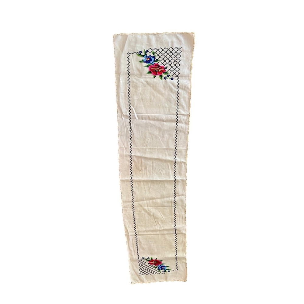 Vtg 50s Hand Embroidered Table Runner 56" Cross Stitch Floral Crochet Lace Edge